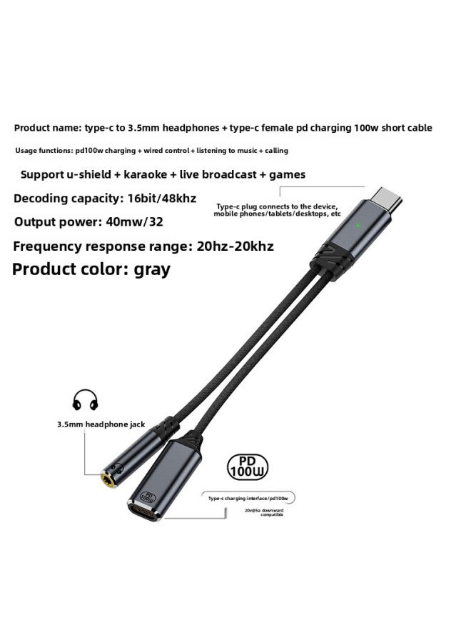 Type-C To 3.5mm Headset Transfer Charging Audio OTG Line 100W Applicable To Mobile Phone Headset Listening To Song Charging-Color:Usb-c Male To Pd100w+dac Audio Dual Usb-c Female - Image 4
